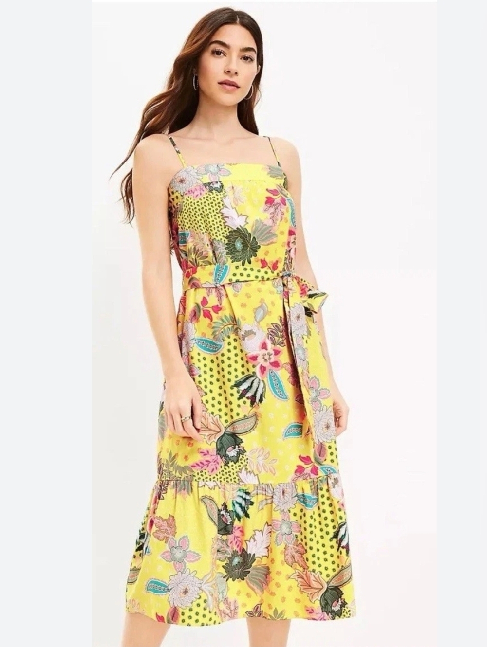 LOFT Yellow Floral Print Spaghetti-Strap Midi Dress with Tie at Waist Size 10
